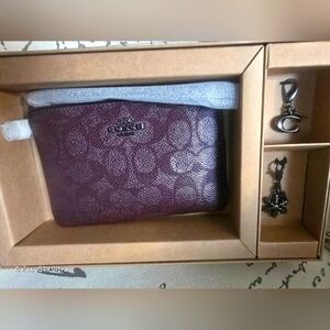 Coach Boxed Corner Zip Signature Metallic Wine w/ Gunmetal Detail NIB W/ …
